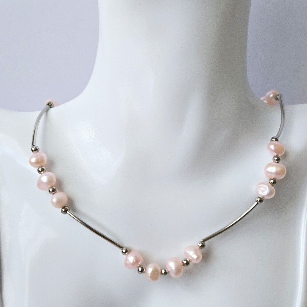 Pink Freshwater Pearl Floating Necklace Tin Cup Station Silver Tube Beads 16"